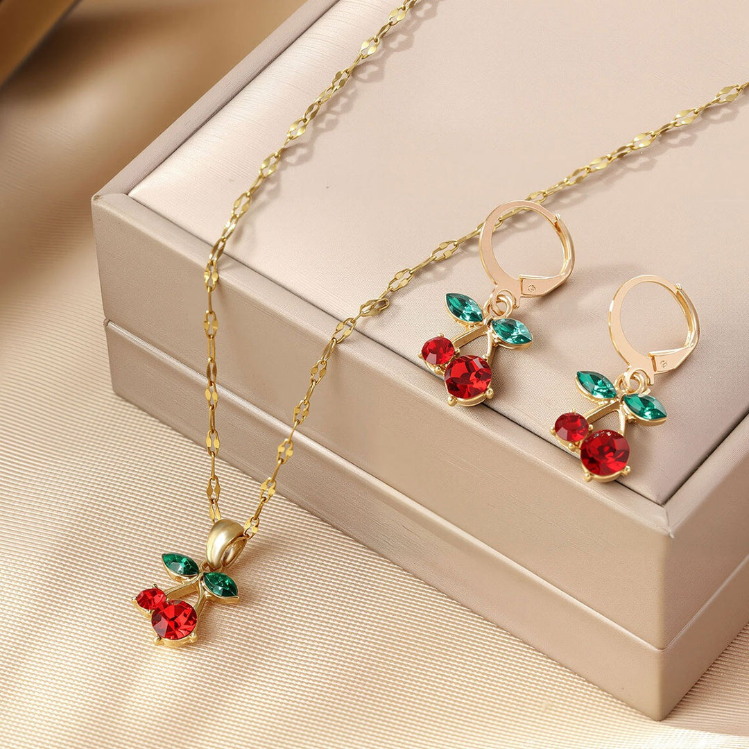 S925 Silver Gold-Plated Cherry Charm Necklace Earrings Set