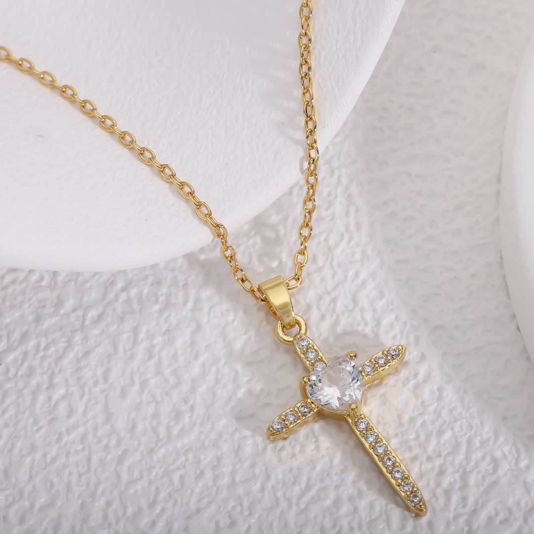 14K Gold Plated Micro-Pavé Heart Cross Necklace