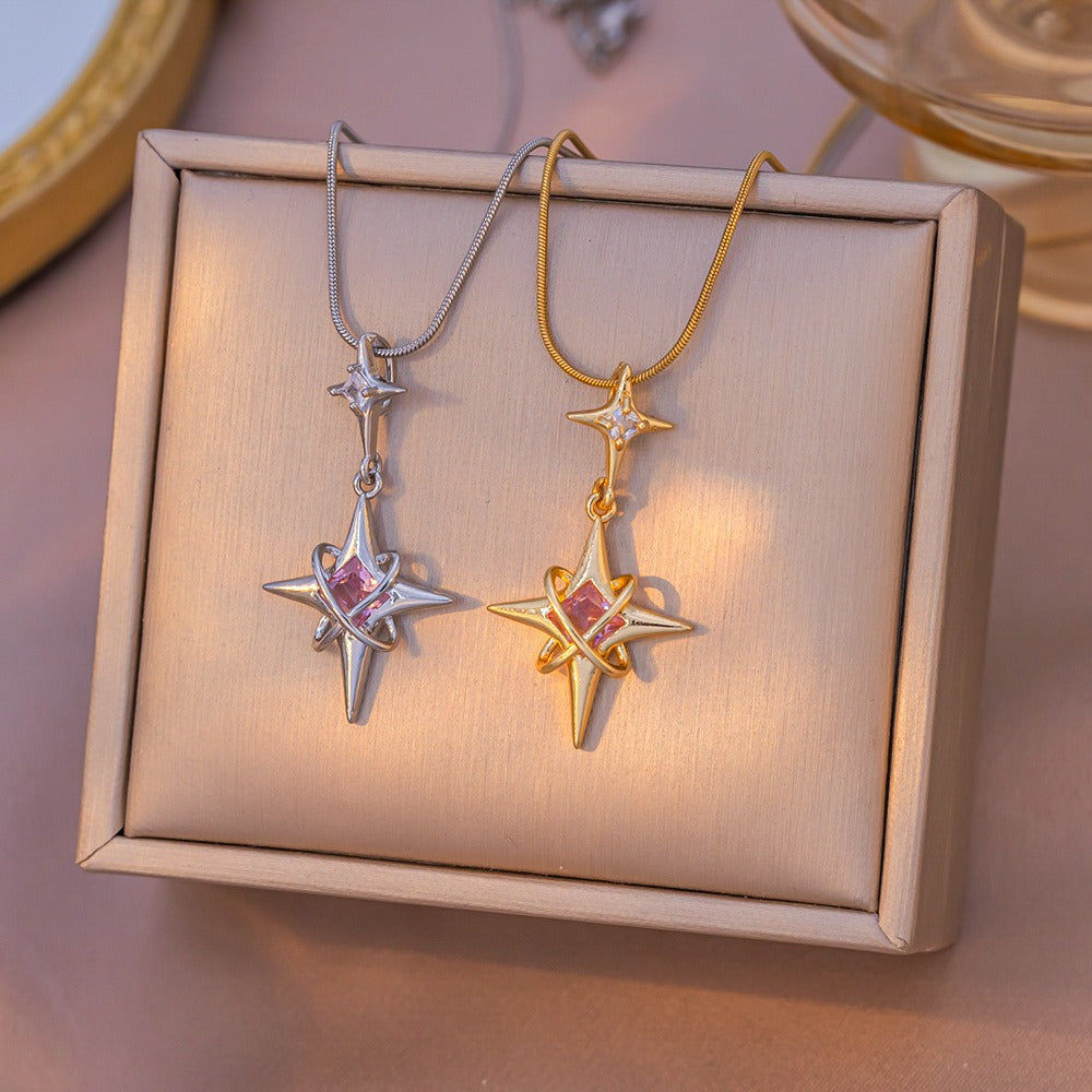 Galactic Wanderer Twin-Stars Dangle Necklace with Pink Clear Gems
