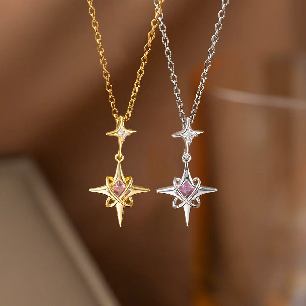 Galactic Wanderer Twin-Stars Dangle Necklace with Pink Clear Gems