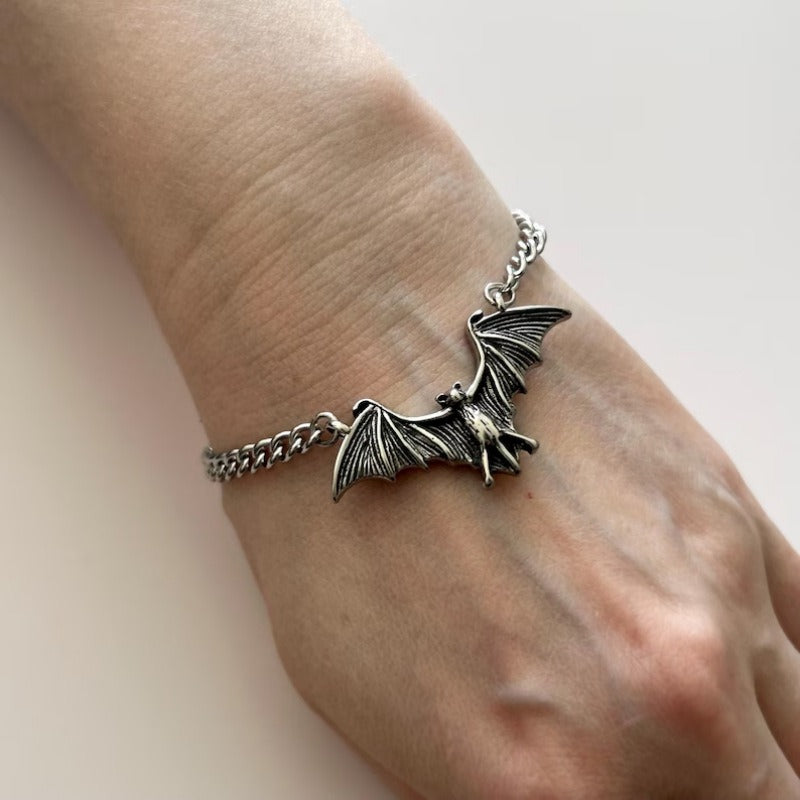 Midnight Guardian Vintage Oxidized Silver Bat Chunky Chain Bracelet Necklace