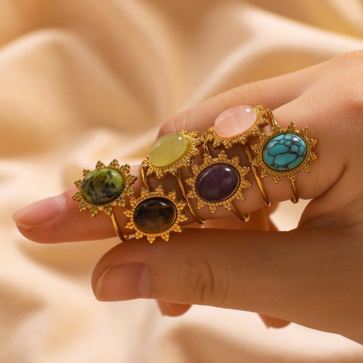 Whisper of the Sun Natural Stone Cabochon Sunburst Adjustable Ring