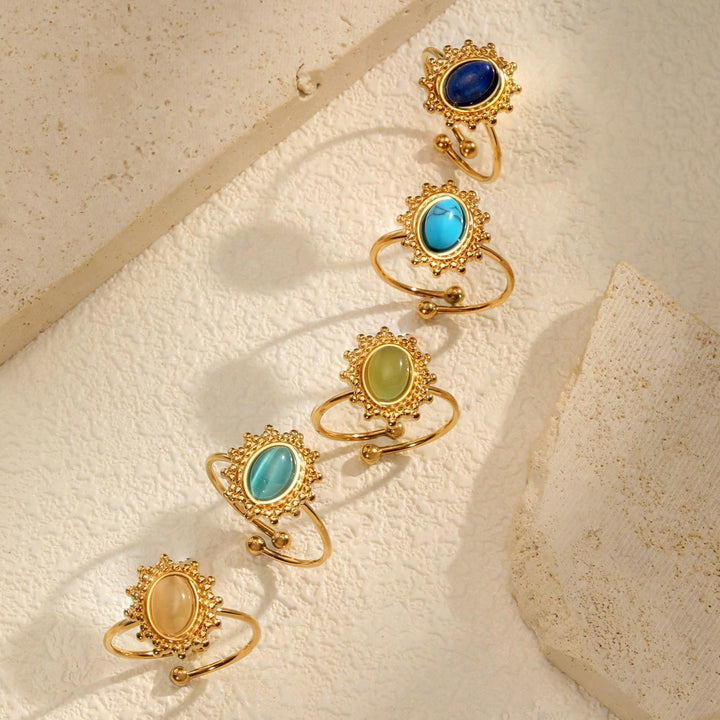 Whisper of the Sun Natural Stone Cabochon Sunburst Adjustable Ring