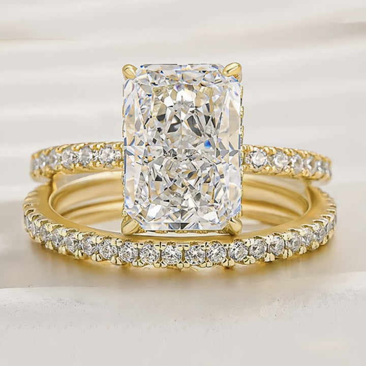 Aurora Garden Gold Plated S925 Silver Radiant Cut Bridal Stack Ring Set