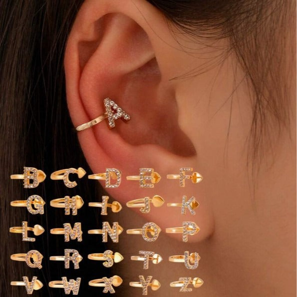 Trendy Minimalist CZ Initial Ear Cuffs / Studs