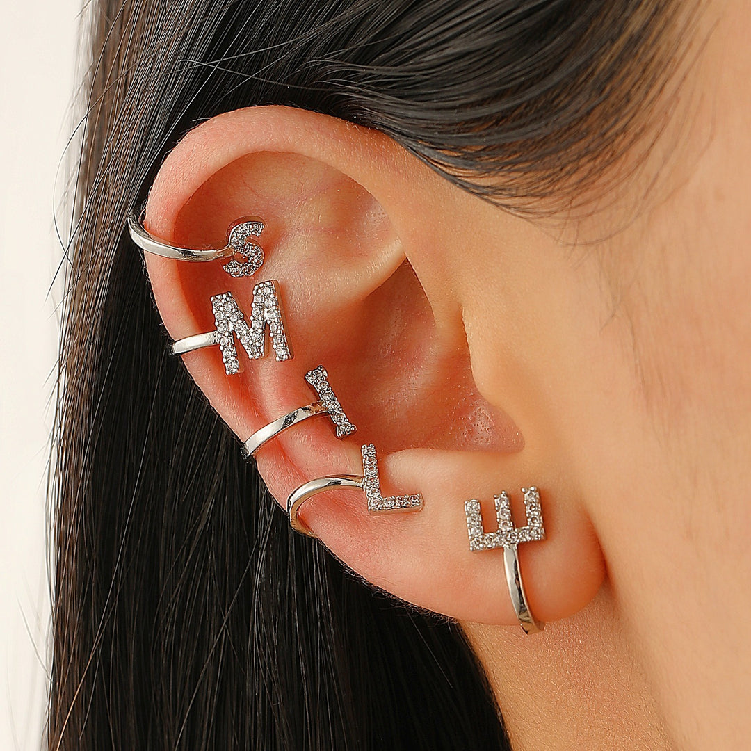 Trendy Minimalist CZ Initial Ear Cuffs / Studs