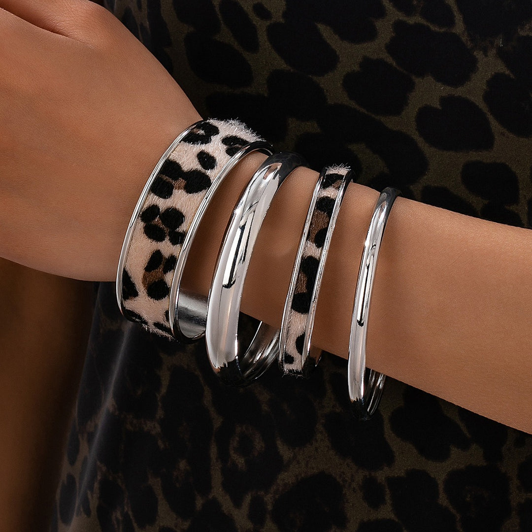 Leopard Print Gold/Silver Metal Bangle Set