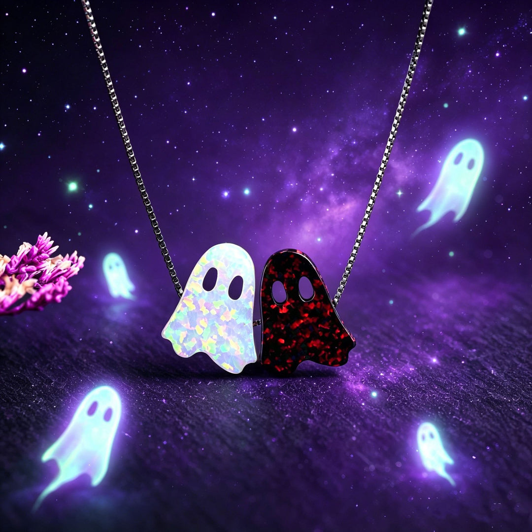 Spooky-Cute Ghost S925 Silver/Rose Gold Plated Opal Necklace Bracelet Set