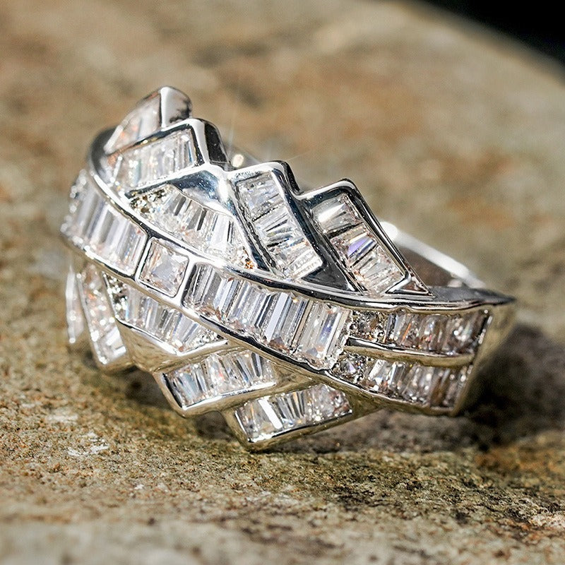 Geometric Weave Baguette-Cut Interlocking Statement Ring
