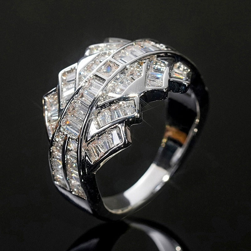 Geometric Weave Baguette-Cut Interlocking Statement Ring