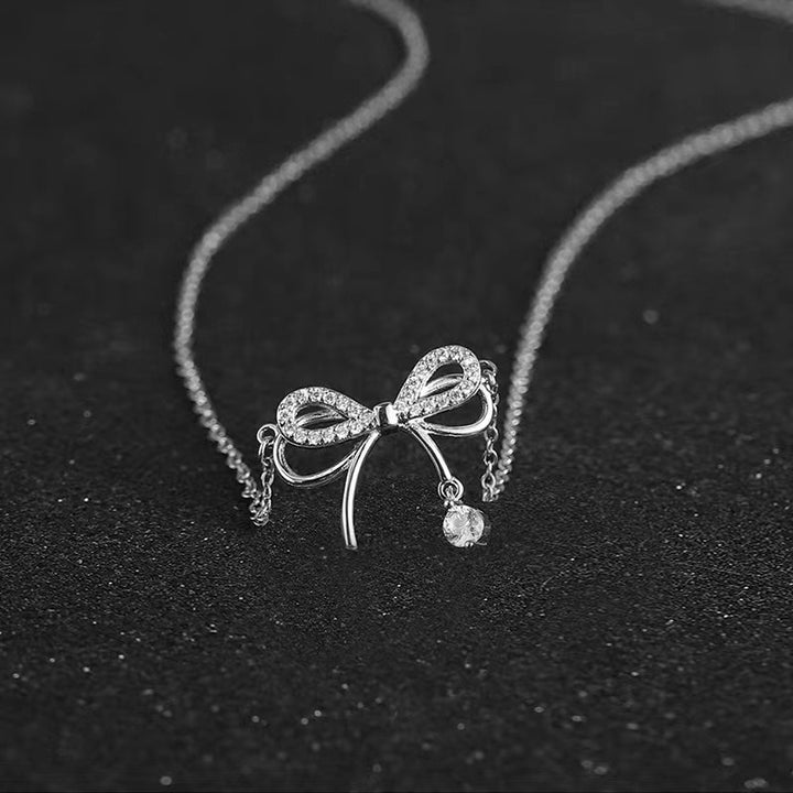 S925 Sterling Silver Pavé Bow Necklace with Dangling Charm