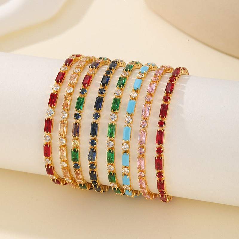 14K Gold Plated Geometric Baguette & Round Gemstone Bracelet