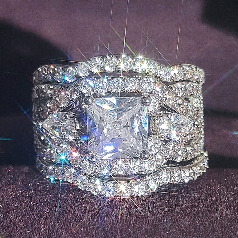 S925 Sterling Silver Princess-Cut Marquise Halo Pavé Wide Band Ring