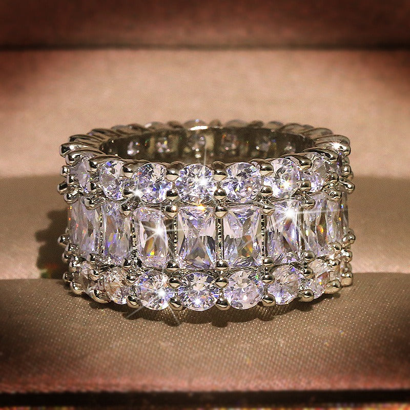 S925 Sterling Silver Triple-Layer Geometric Pavé Wide Band Ring