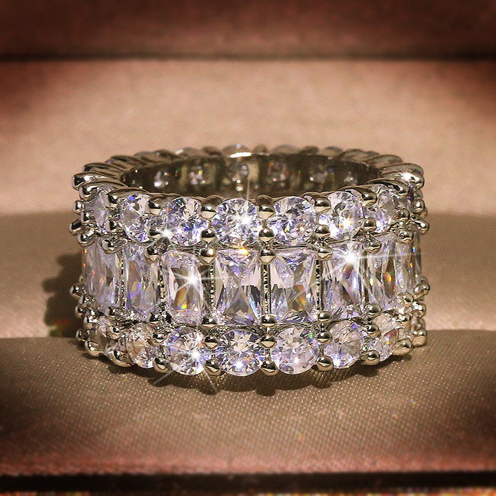 S925 Sterling Silver Triple-Layer Geometric Pavé Wide Band Ring