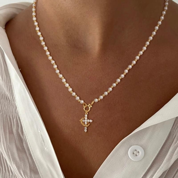 French Elegance Faux Pearl Beaded Micro-Pavé Cross Necklace