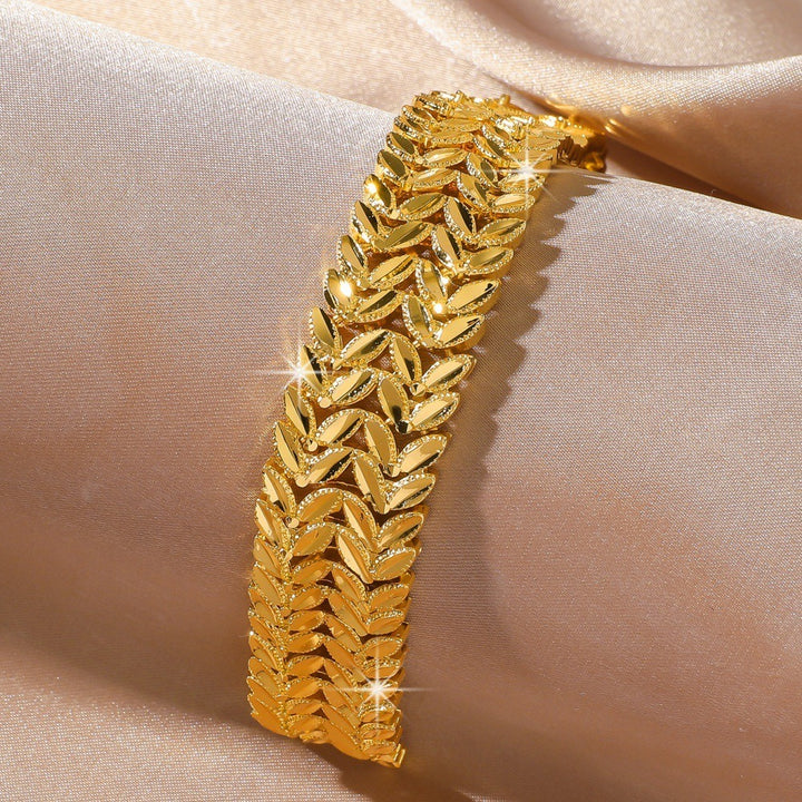 18K Gold Plated Wheat Ear Woven Wide Chain Bracelet