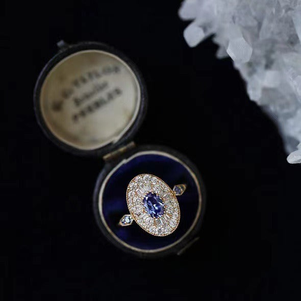 14K Gold Plated Art Deco Sapphire Baguette Halo Open Ring