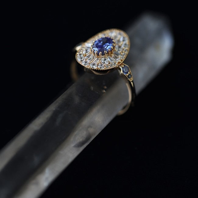 14K Gold Plated Art Deco Sapphire Baguette Halo Open Ring