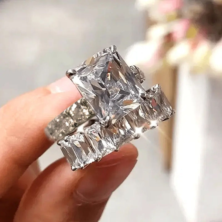 S925 Sterling Silver Emerald-Cut Solitaire Eternity Band Stacking Set