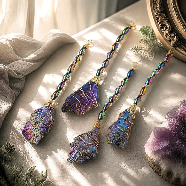 Mystical Guardian Handmade Wire-Wrapped Natural Crystal Witch's Broom Pendant