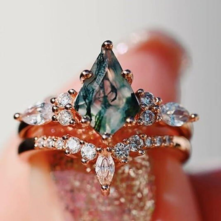 Moss Veil Enchantment S925 Sterling Silver Natural Agate Ring Set