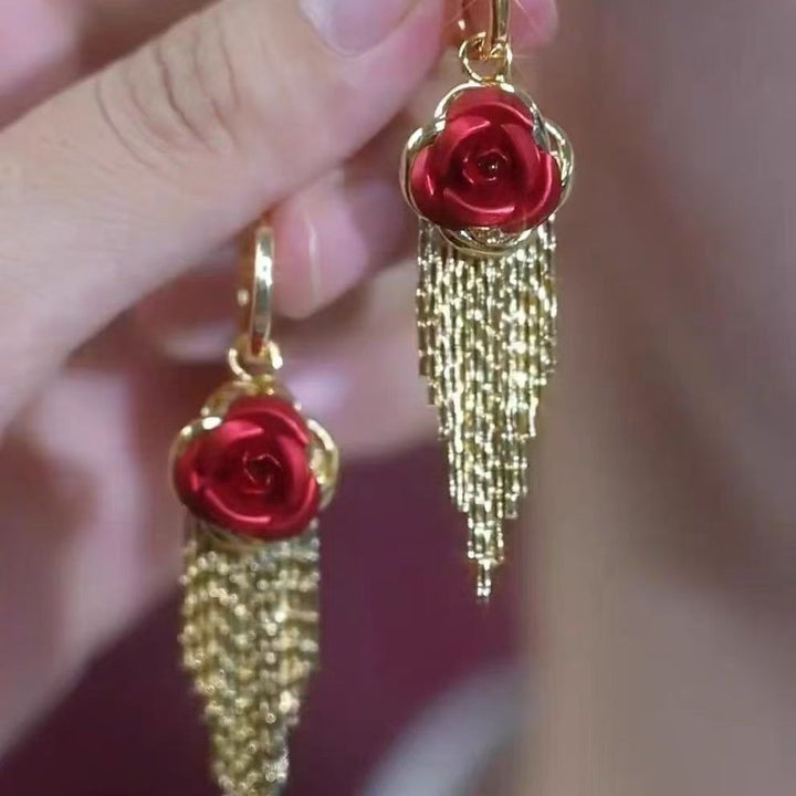Gilded Rose 18K Gold Rose Tassel Huggie Earrings Vintage Glamour at Your Ears（A Pair）