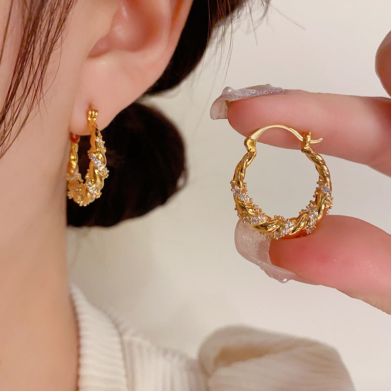 Gilded Twist S925 Sterling Silver Pavé Diamond Huggie Earrings Vintage Elegance at Your Ears