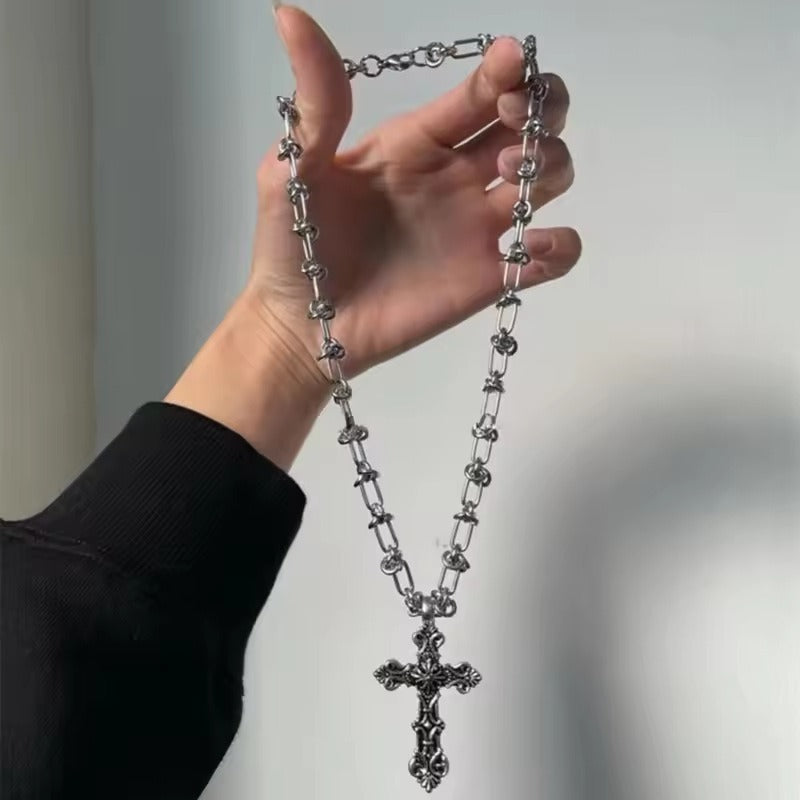 Vintage Divine Edict Stainless Steel Antiqued Carved Cross Necklace Retro Strength Protection at Your Neck