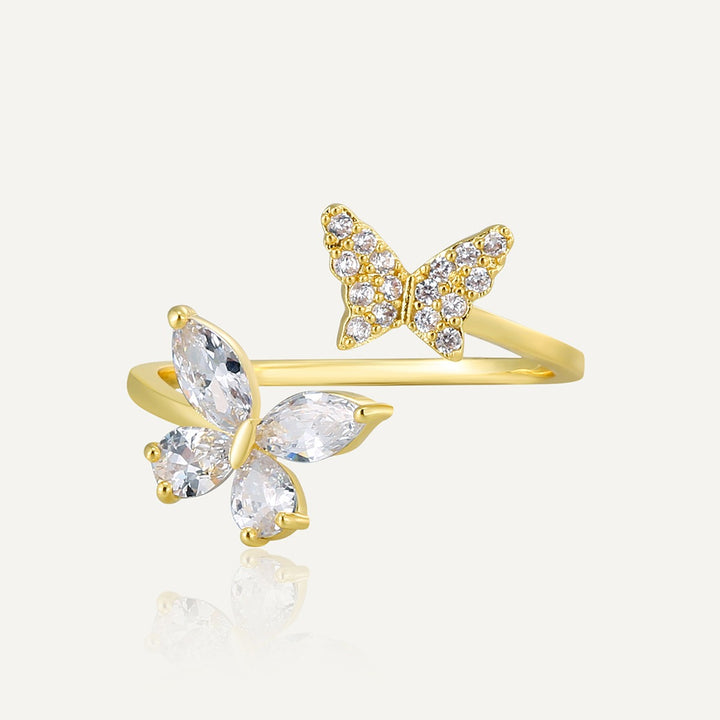 Dancing Butterflies 18K Gold Dual Butterfly Diamond Open Ring