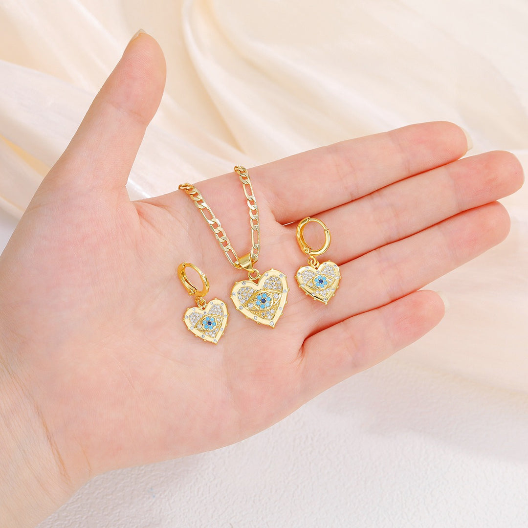 Evil Eye Guardian Heart Pave Diamond Necklace Earrings Set
