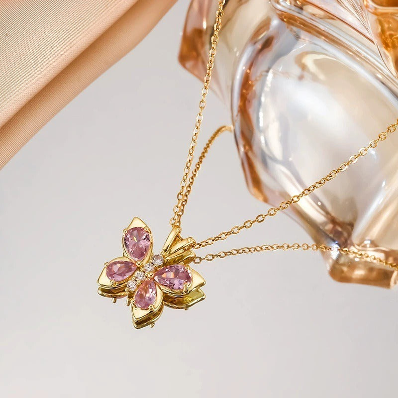14K Gold Pink Butterfly Pendant Necklace