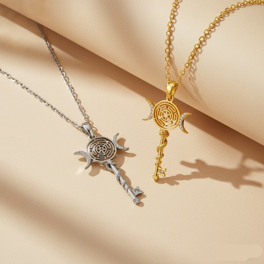 Hekate Magic Key S925 Sterling Silver Moon Labyrinth Snake Key Necklace Timeless Witchy Ward Mystic Power
