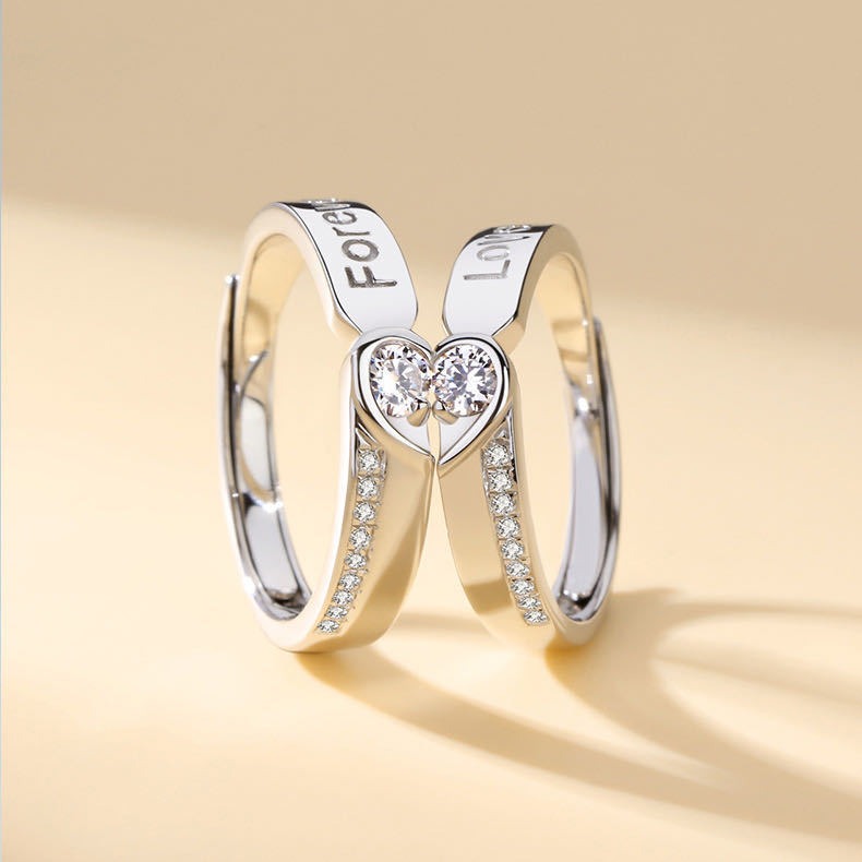 S925 Sterling Silver Interlocking Heart Couple Rings