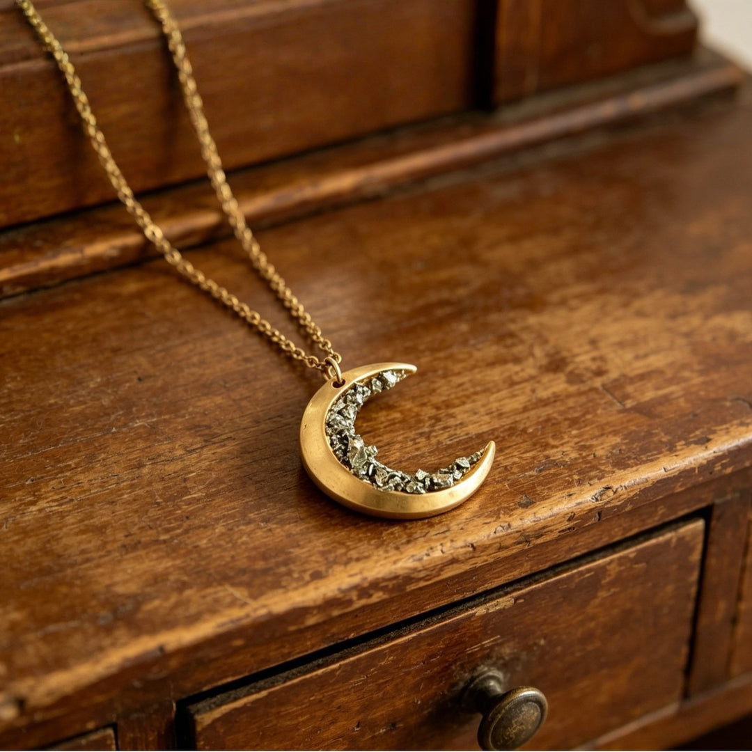 Natural Pyrite Crescent Moon Necklace