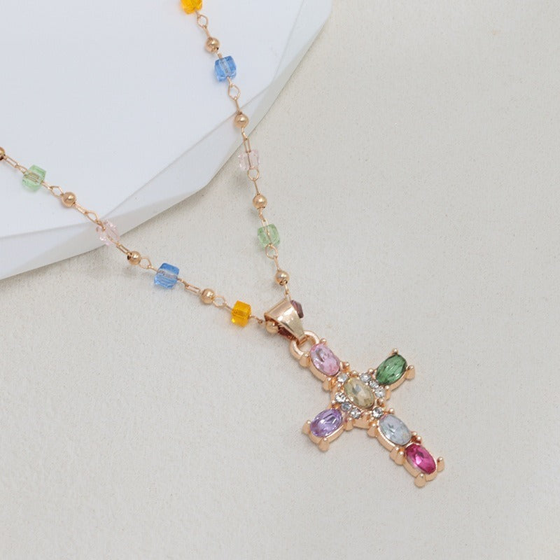 Rainbow Covenant Colorful Gemstone Cross Necklace