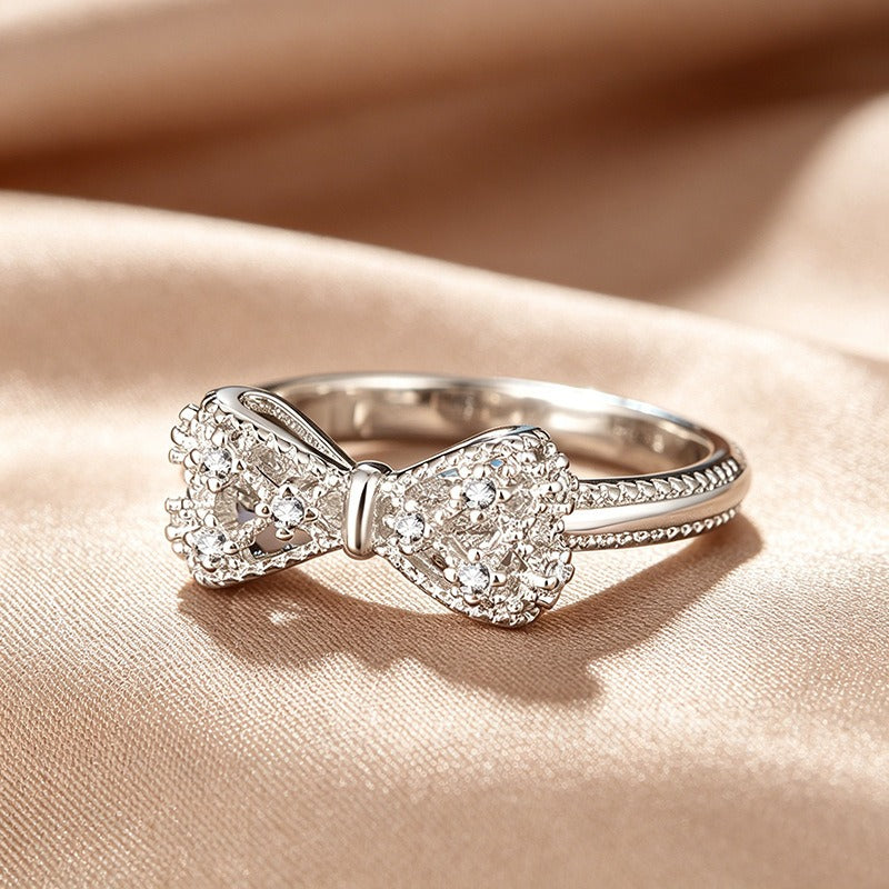 「Bow Glow」S925 Sterling Silver Platinum-Plated CZ Bow Ring