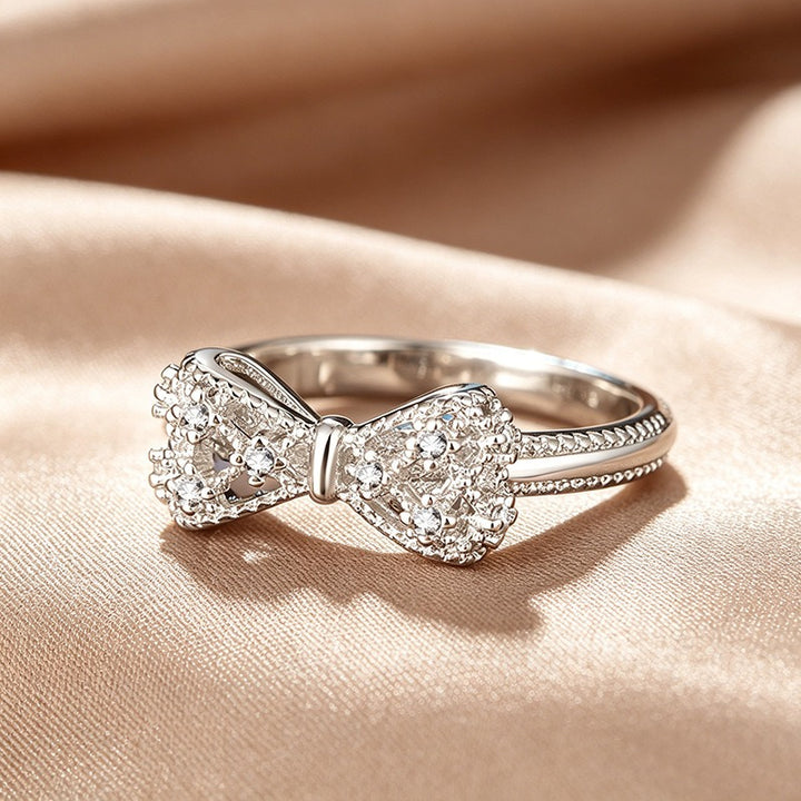 「Bow Glow」S925 Sterling Silver Platinum-Plated CZ Bow Ring