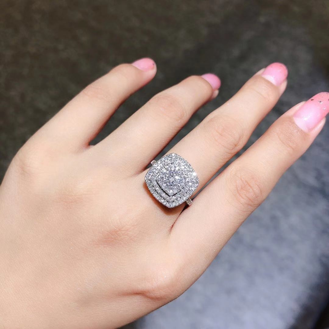 「Cushion Starburst」S925 Sterling Silver Triple Halo Pave Ring