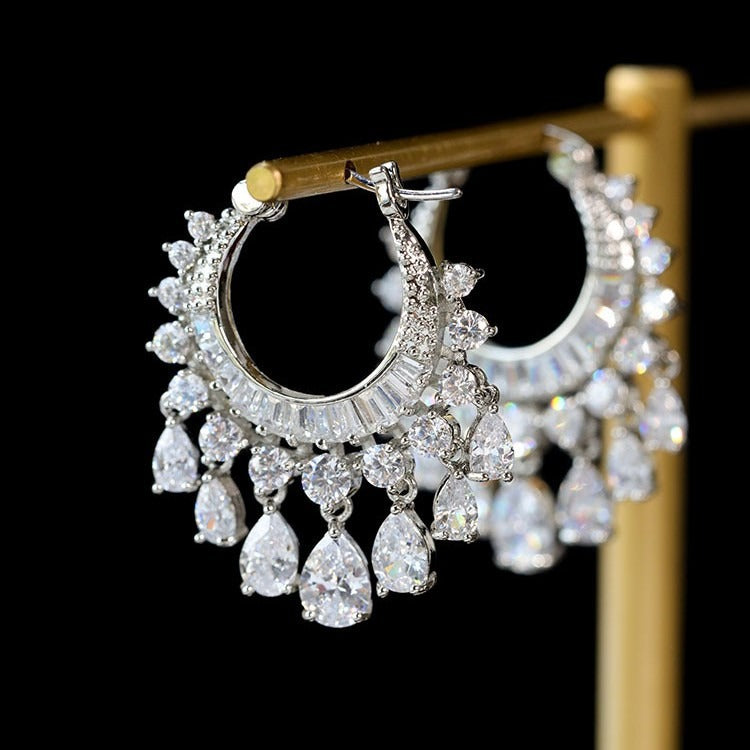 「Starfall Chandelier」Full Pave Teardrop Tassel Hoop Earrings