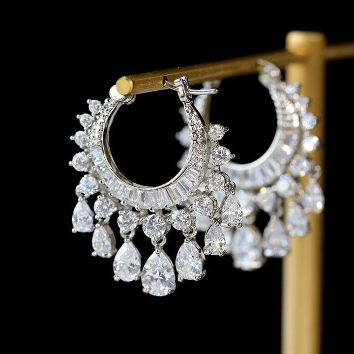 「Starfall Chandelier」Full Pave Teardrop Tassel Hoop Earrings
