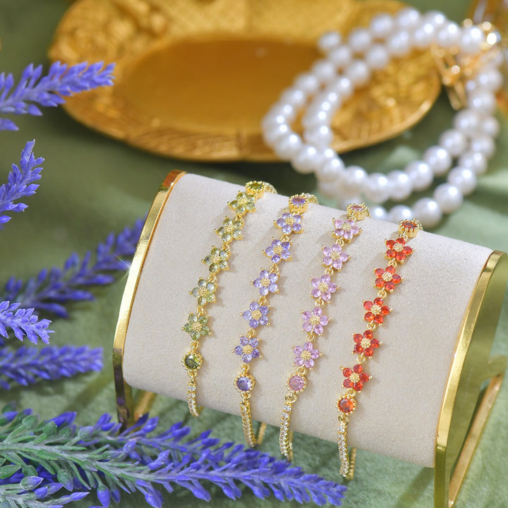 18K Gold Five-Petal Floral Tennis Bracelet