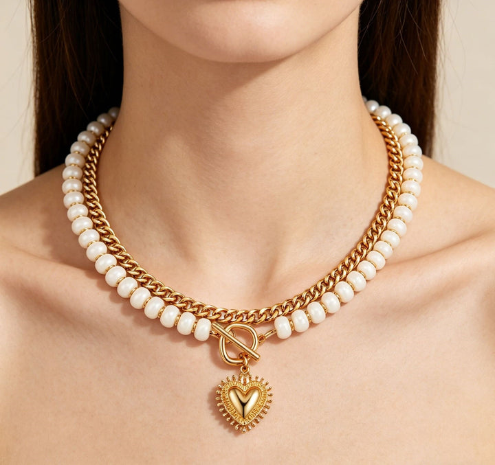18K Gold Plated Double Layer Beaded Heart Necklace