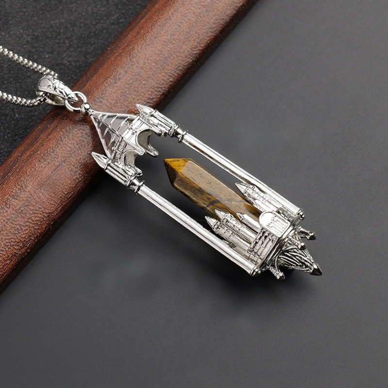 Gothic Boundary Guardian Natural Crystal Point Castle Pendant Necklace