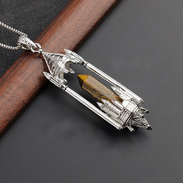 Gothic Boundary Guardian Natural Crystal Point Castle Pendant Necklace