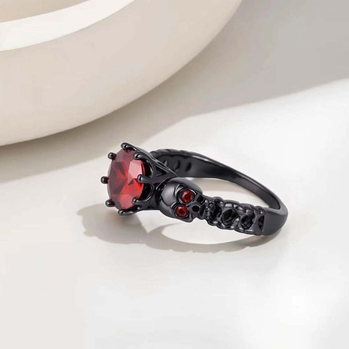 Skull Whispers Black-Plated Gemstone Ring Gothic Power on Your Fingertips