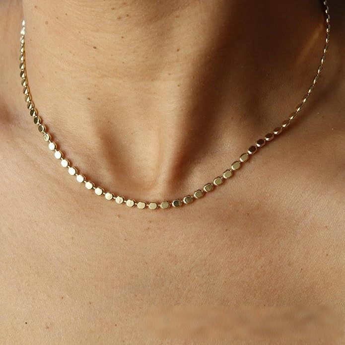 14K Solid Gold Minimalist Flat Bead Chain Necklace