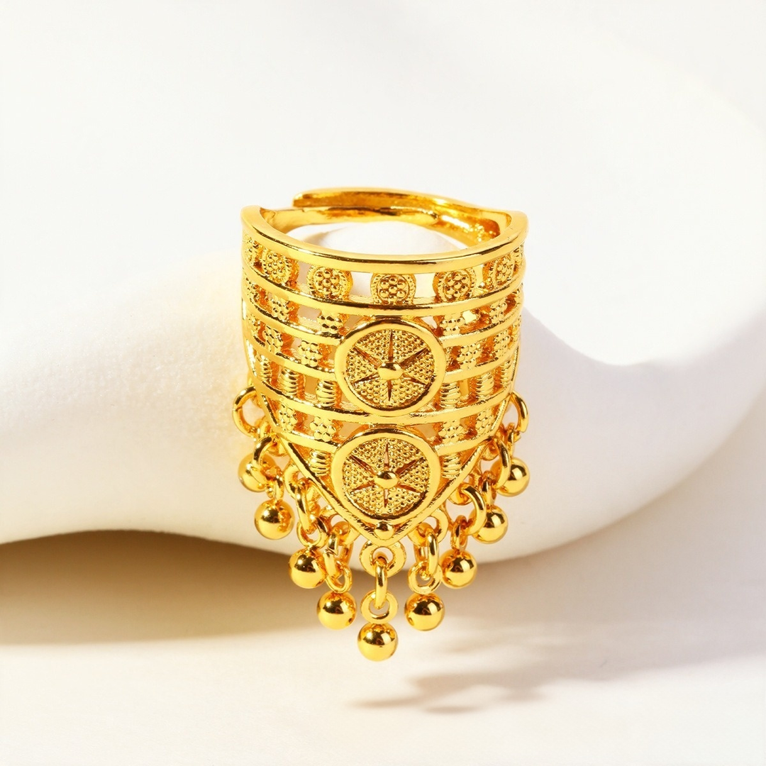 Gilded Cascade S925 Silver Gold-Plated Filigree Tassel Adjustable Ring