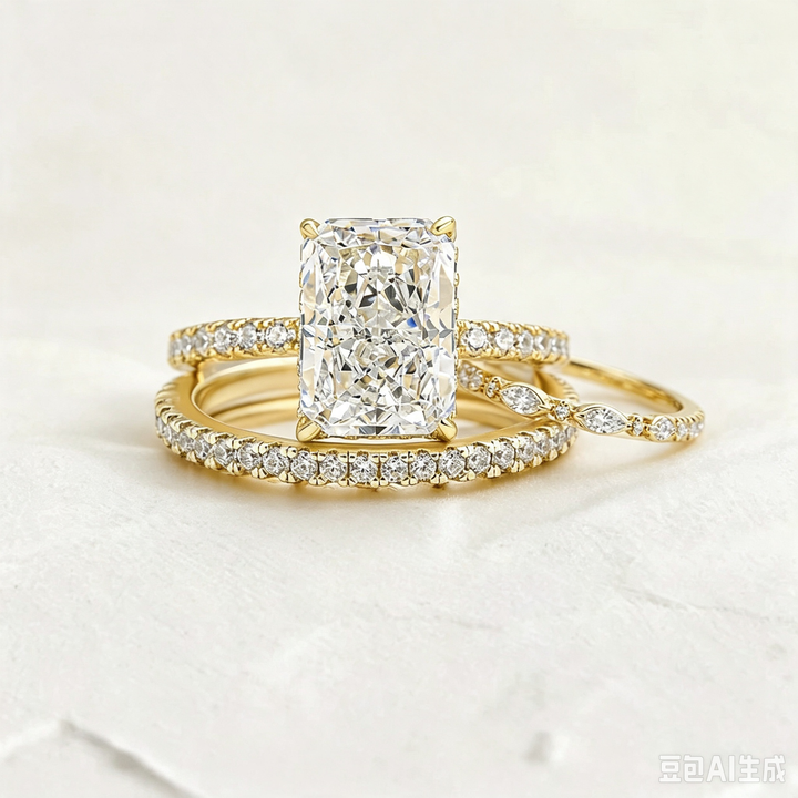 Aurora Garden Gold Plated S925 Silver Radiant Cut Bridal Stack Ring Set