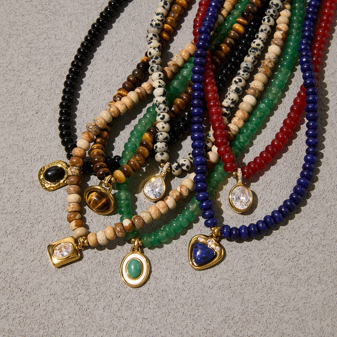 18K Gold Natural Gemstone Beaded Necklace Boho Minimalist Pendant
